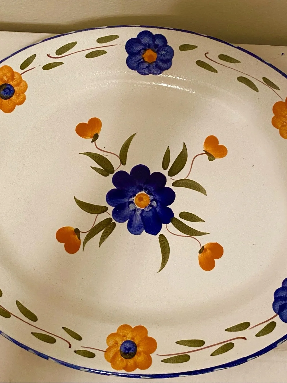 Vintage Furio Made in Italy Ceramic Floral Large 16”x13” Platter, White & Blue.